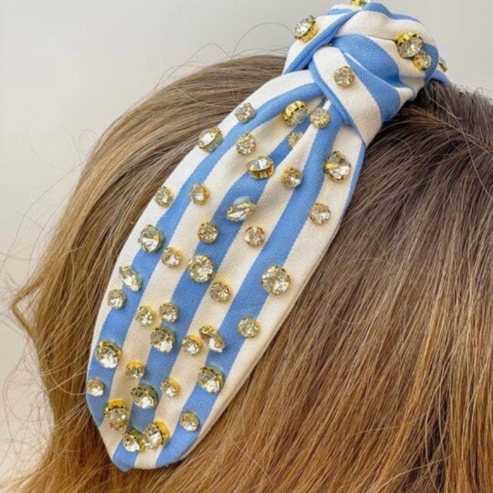 Blue Knotted Jewel Striped Headband
